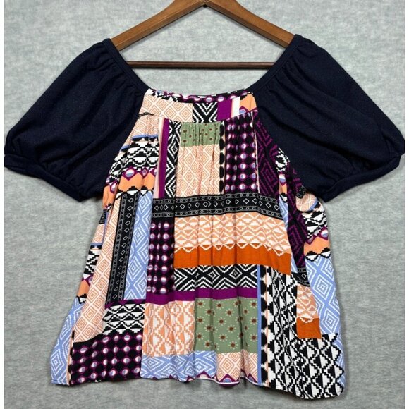 Maeve By Anthropologie Patchwork Top M Puff Sleeves Boho Casual - Picture 6 of 6